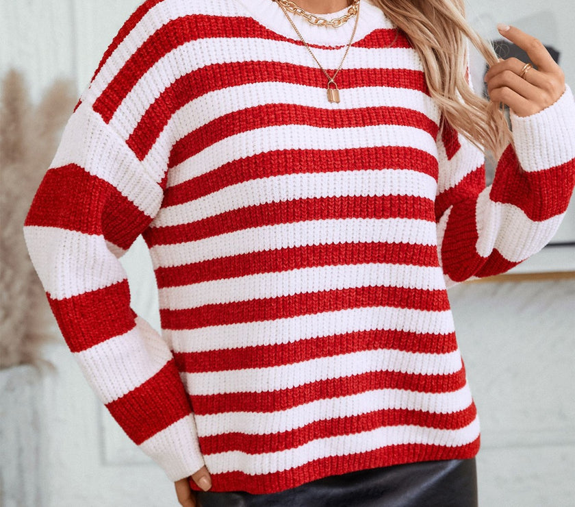 Striped Round Neck Long Sleeve Sweater