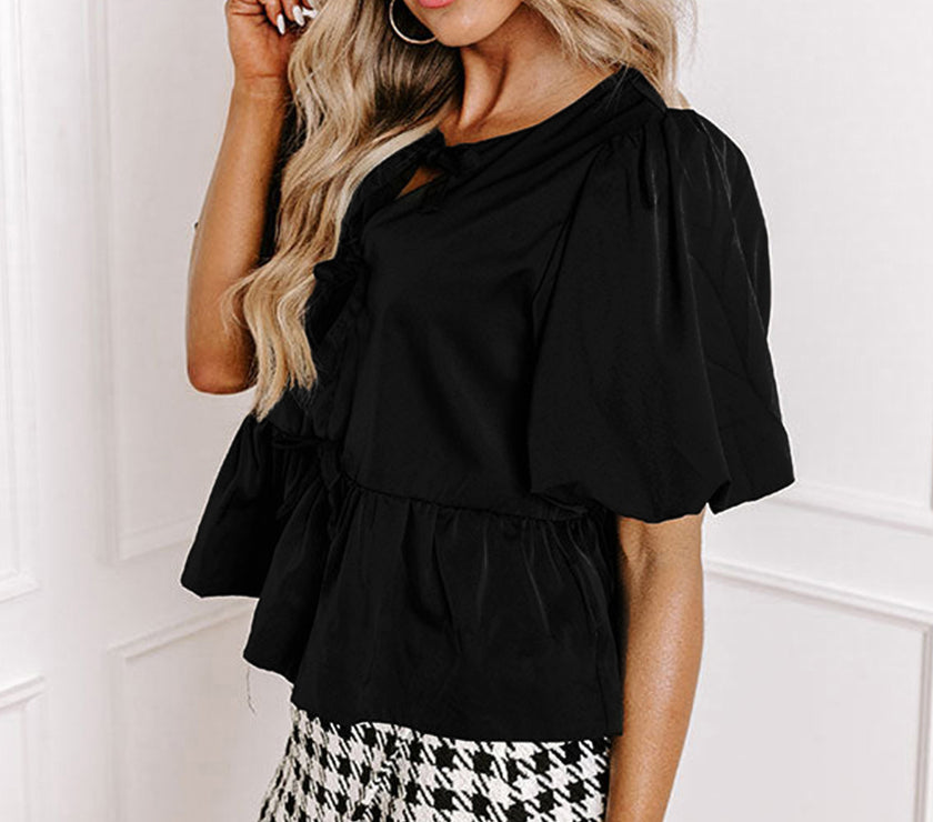 Black Puff Sleeve Bowknot Front Peplum Blouse