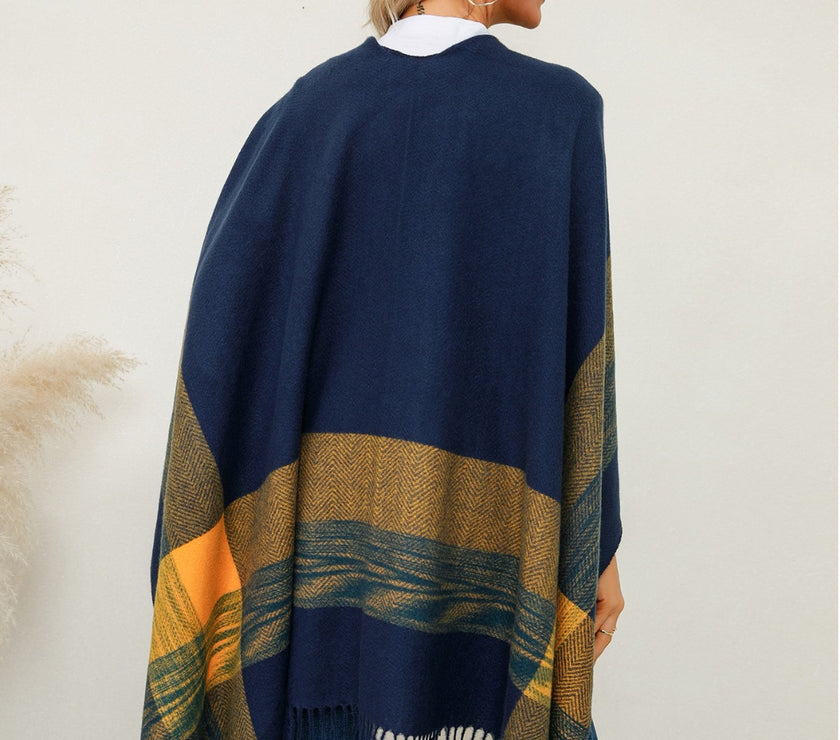 Fringe Contrast Plaid Poncho