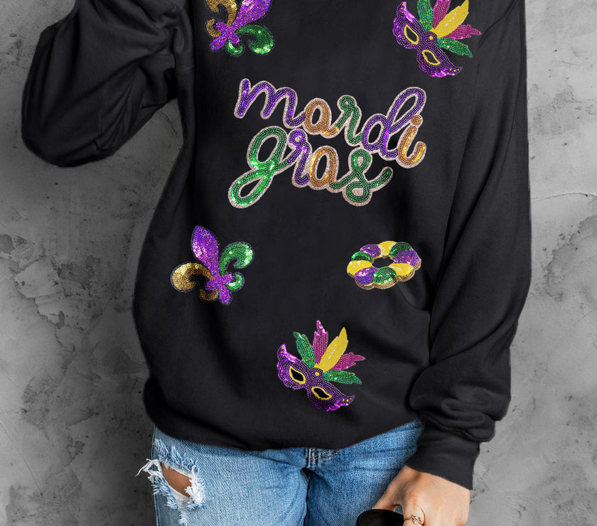 Black Sequin mardi gras Fleur de Lis Graphic Pullover Sweatshirt