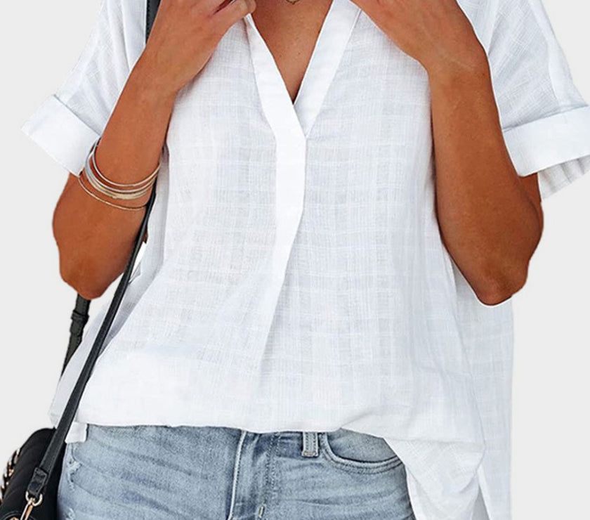 Mandy Side Slit Notched Short Sleeve Blouse