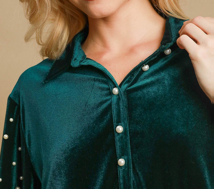 Umgee Pearl Detail Half Sleeve Velvet Babydoll Blouse