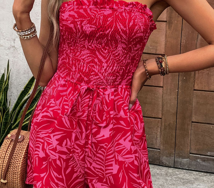 Perfee Smocked Printed Tube Romper with Pockets