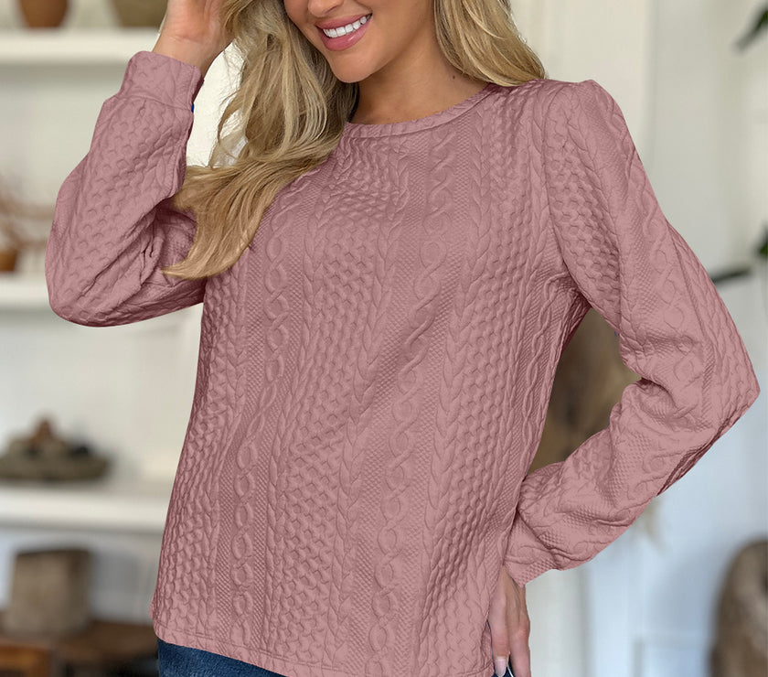 FAM-FAM Textured Round Neck Long Sleeve Sweatshirt