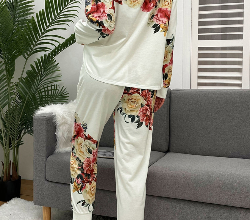 Shiny Printed Round Neck Top and Pants Lounge Set