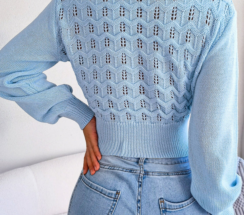 Openwork Mock Neck Long Sleeve Cropped Sweater