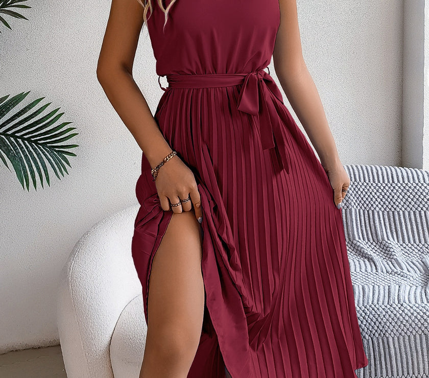 Pleated Tie Waist Sleeveless Midi Dress