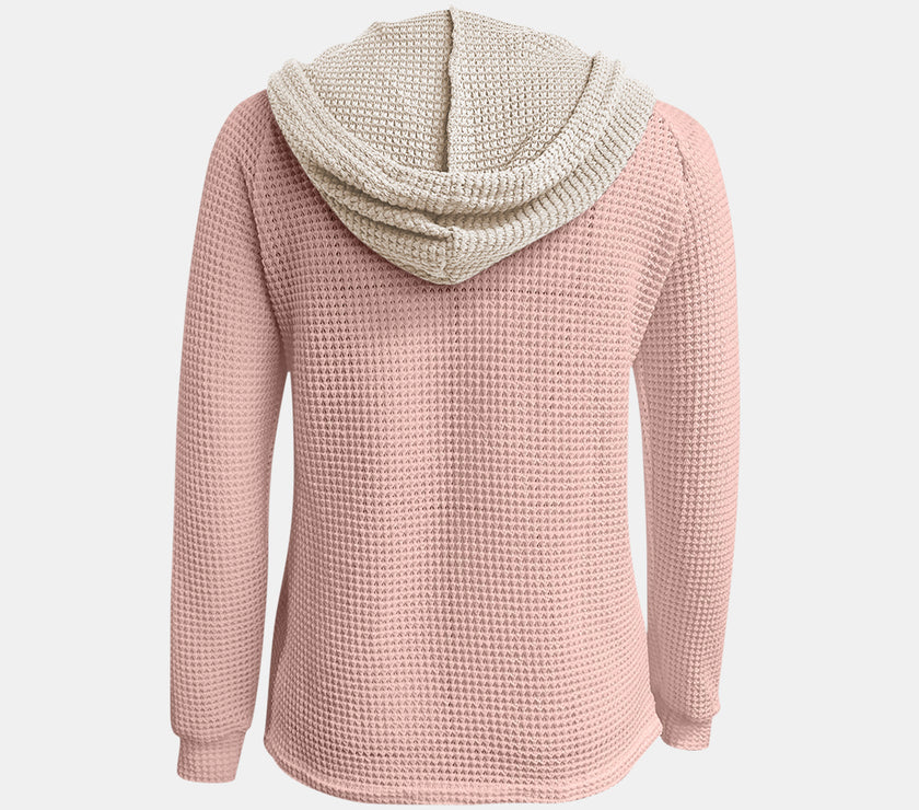 Full Size Waffle-Knit Contrast Long Sleeve Hoodie