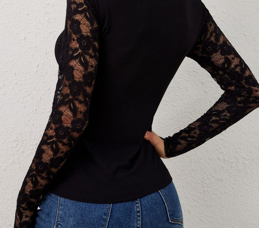 Lace Wavy Hem V-Neck Long Sleeve Top