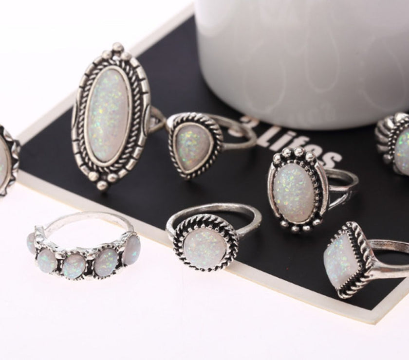 Opal Alloy Geometric Ring 10-Piece Set