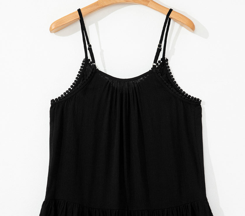 Black Floral Embroidery Ruffled Spaghetti Straps Tank Top