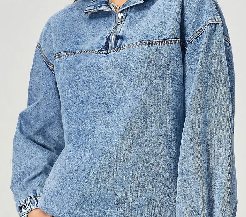 Quarter Zip Collared Neck Denim Top