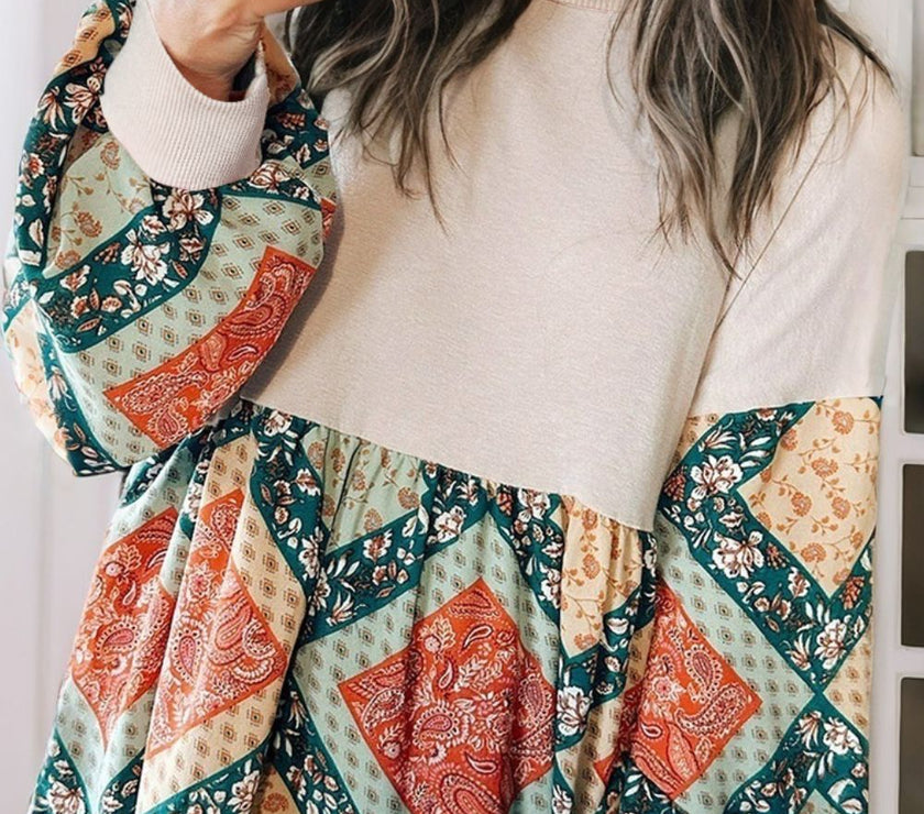 Printed Round Neck Long Sleeve Blouse