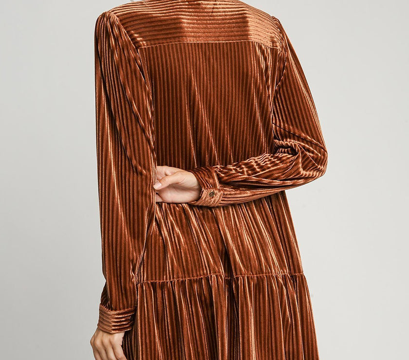 Umgee Texture Tiered Collared Long Sleeve Dress