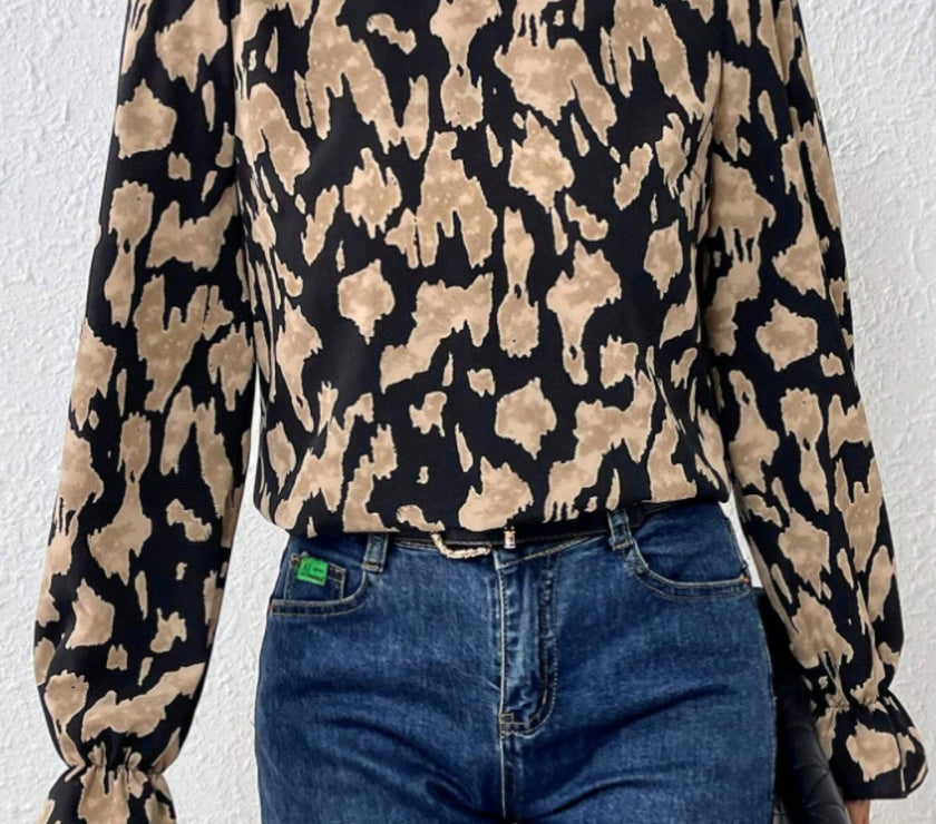 Frill Leopard Mock Neck Flounce Sleeve Blouse