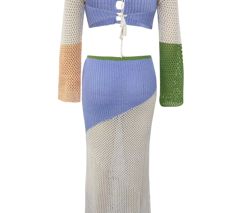 Tied Long Sleeve Top and Skirt Cover Up Set