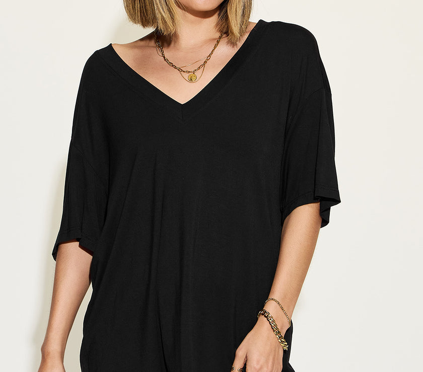 Basic Bae Full Size Bamboo V-Neck Drop Shoulder T-Shirt