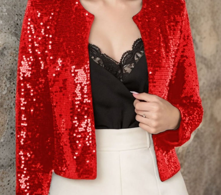 Full Size Sequin Open Front Cropped Jacket