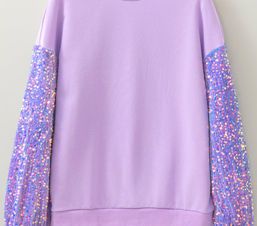 Orchid Petal Sequin Patchwork Long Sleeve Pullover Top