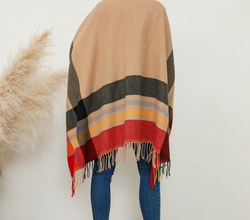 Fringe Contrast Plaid Poncho