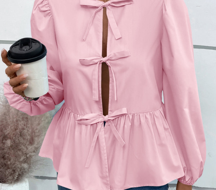 Ivy Lane Peplum Tied Long Sleeve Blouse