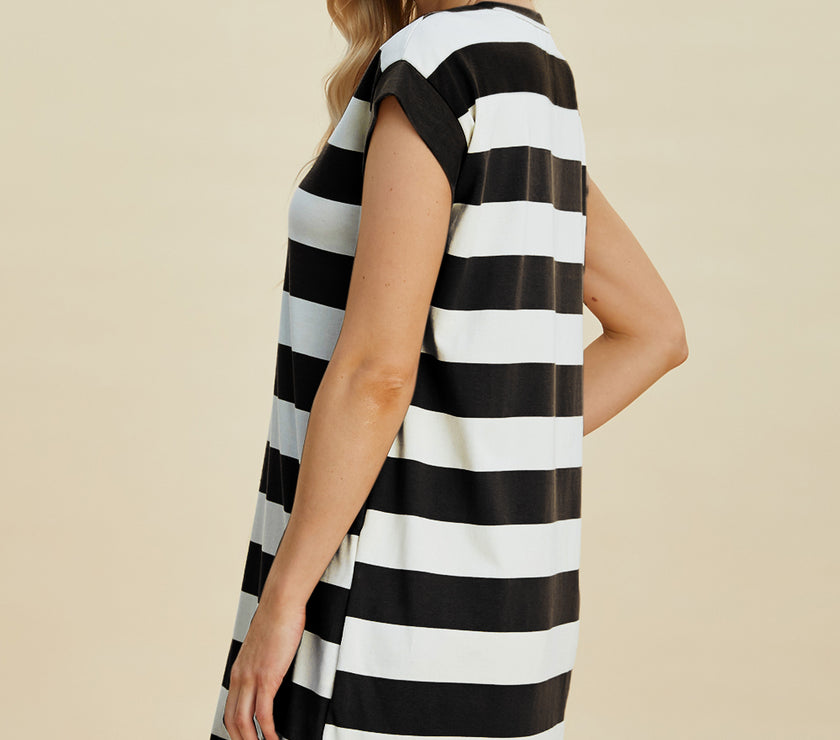 Basic Bae Full Size Striped Round Neck Cap Sleeve Mini Dress
