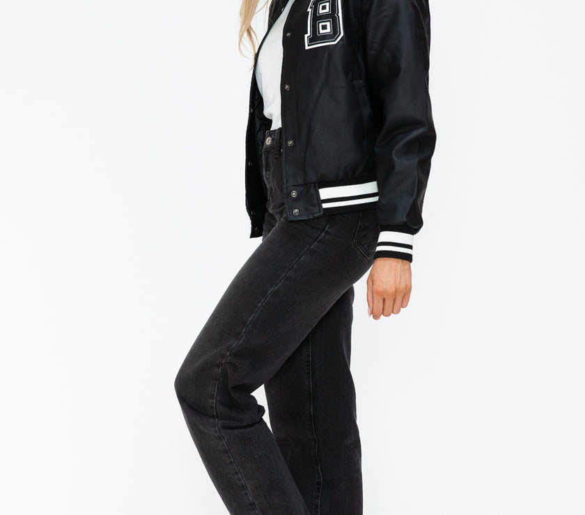 Love Me Now PU Leather Contrast Snap Down Bomber Jacket