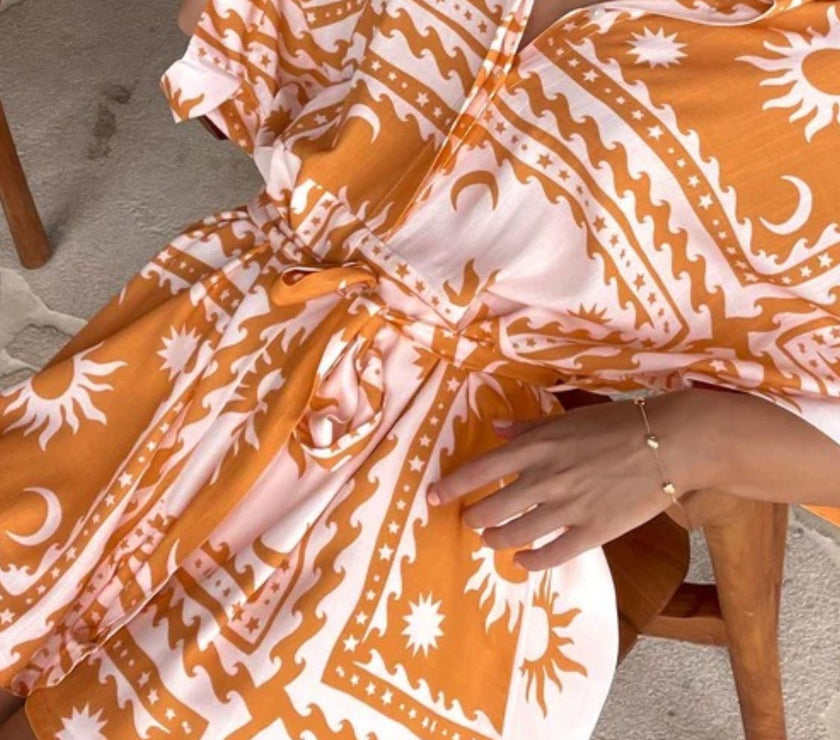 Printed Tie Waist Half Sleeve Romper