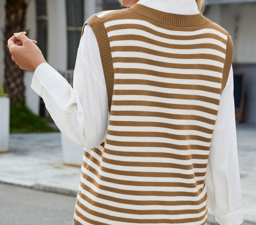 Slit V-Neck Striped Sweater Vest