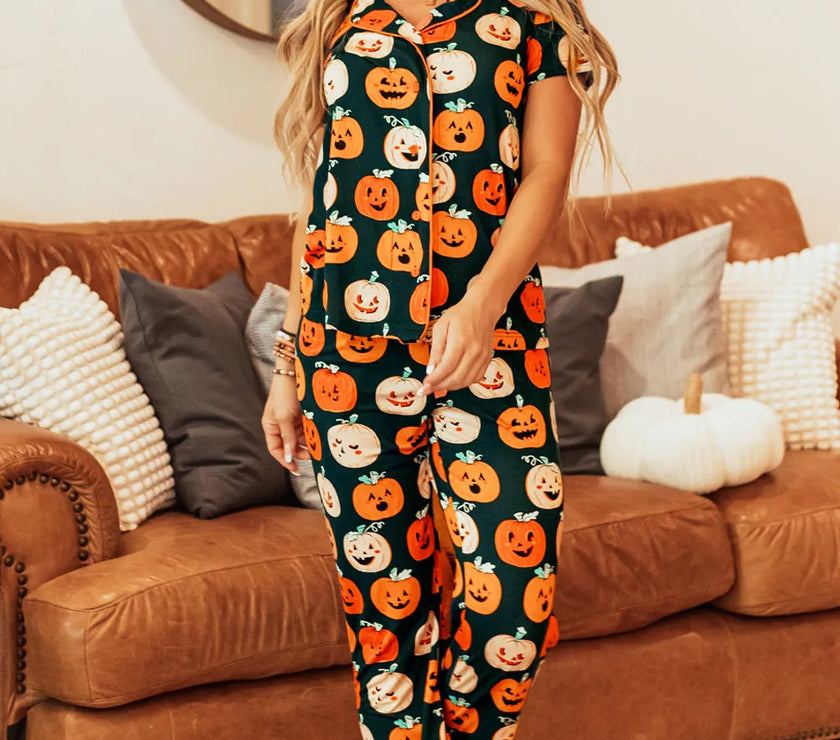 Pumpkin Printed Short Sleeve Top and Pants Lounge Set