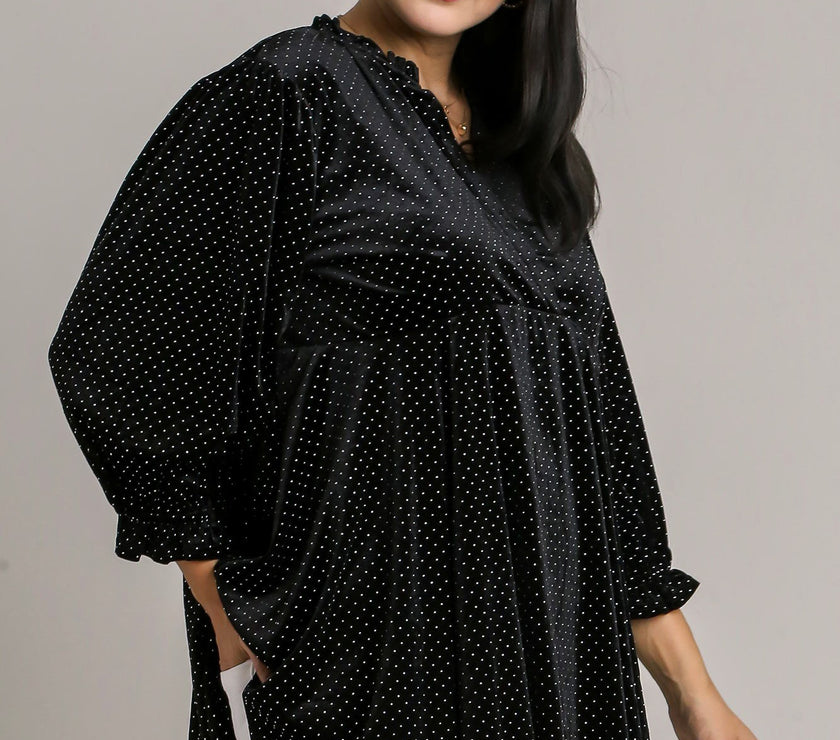 Umgee Full Size Beaded Frill Flounce Sleeve Velvet Babydoll Blouse