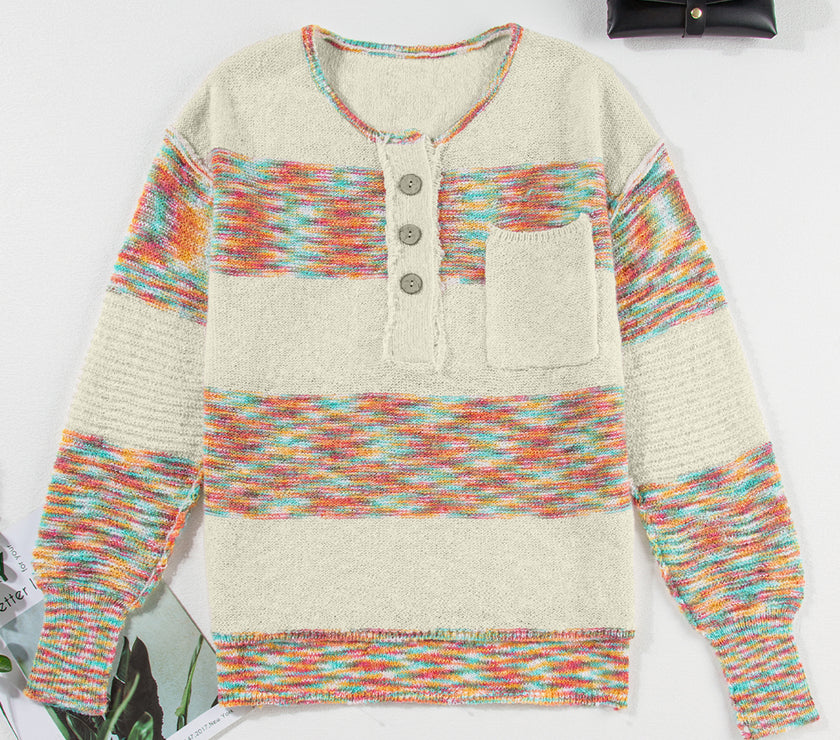 Contrast Half Button Long Sleeve Sweater