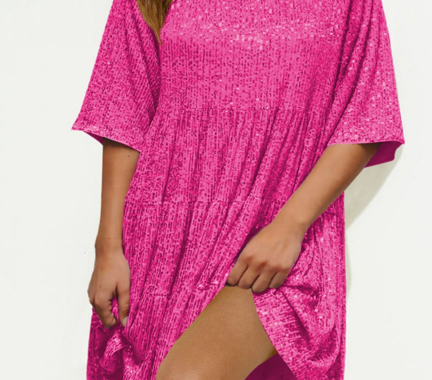 Sequin Round Neck Half Sleeve Mini Dress