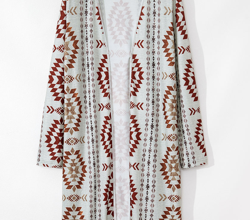 Brown Western Aztec Printed Open Front Long Cardigan