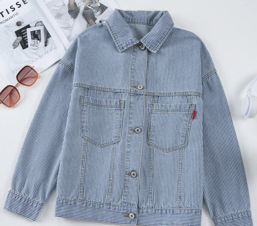 Striped Button Up Long Sleeve Denim Jacket