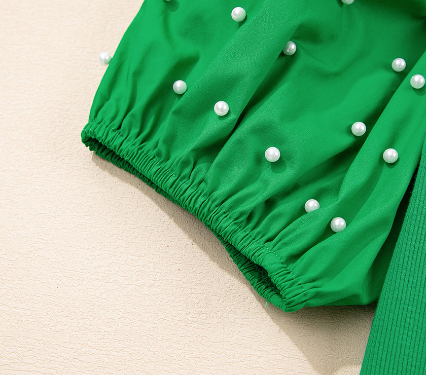 Bright Green Ribbed Pearl Beaded Puff Sleeve Top
