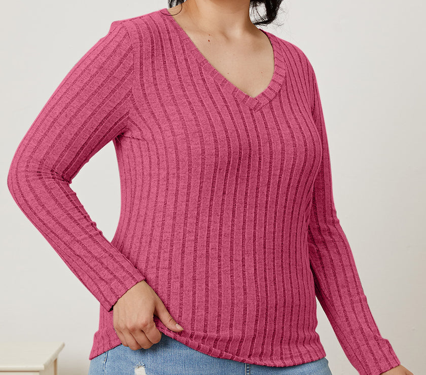 Basic Bae Full Size Ribbed V-Neck Long Sleeve T-Shirt