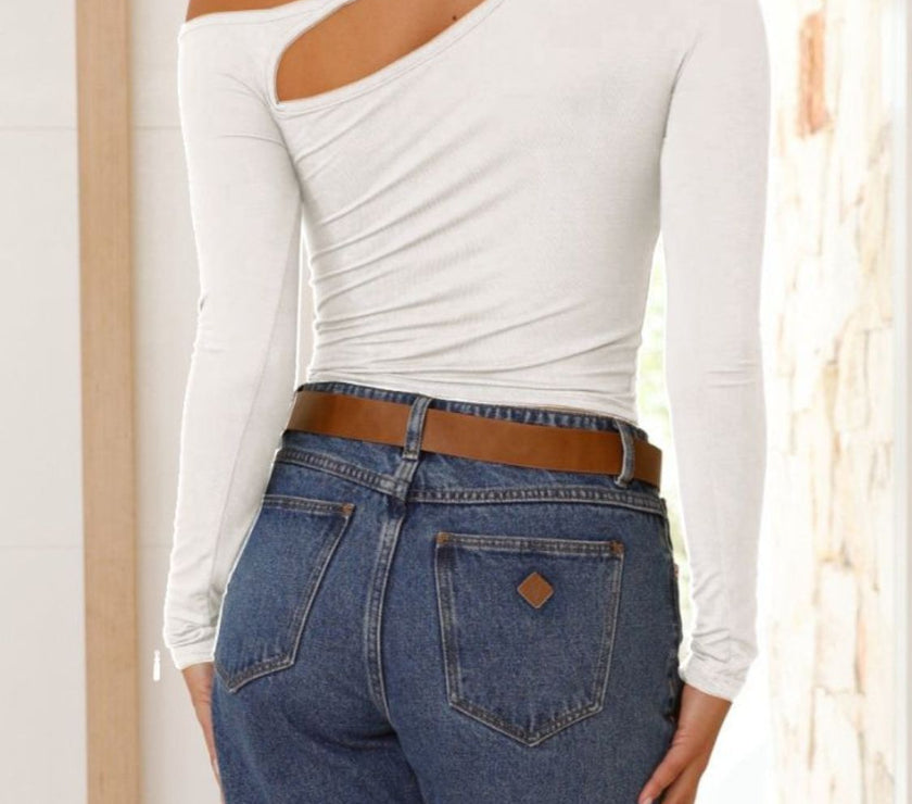 Cutout Asymmetrical Neck Long Sleeve T-Shirt