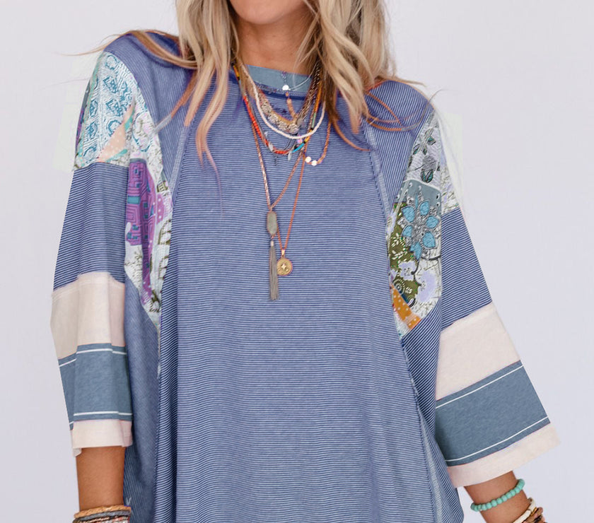 Striped Floral Patchwork Round Neck Top