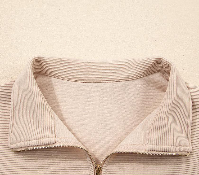 Parchment Textured Half Zip Kangaroo Pocket Top Drawstring Shorts Set