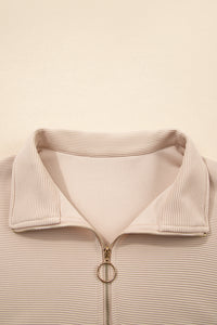 Parchment Textured Half Zip Kangaroo Pocket Top Drawstring Shorts Set