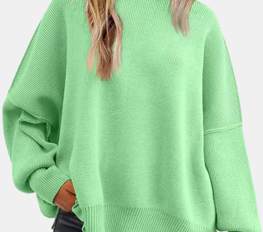 Round Neck Drop Shoulder Slit Sweater