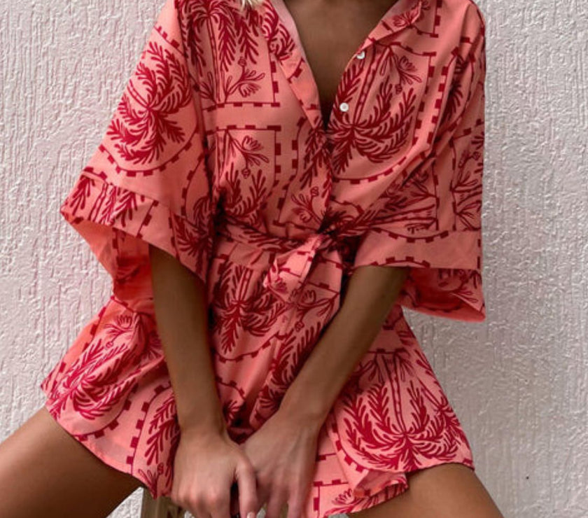 Printed Tie Waist Half Sleeve Romper