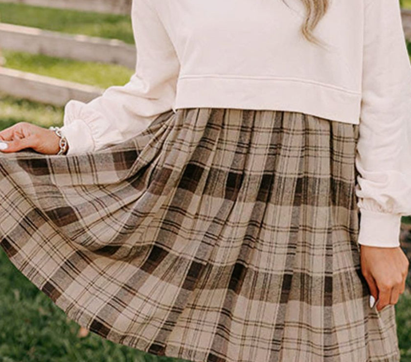 Plaid Round Neck Long Sleeve Mini Dress
