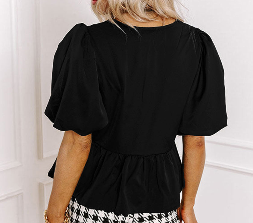 Black Puff Sleeve Bowknot Front Peplum Blouse