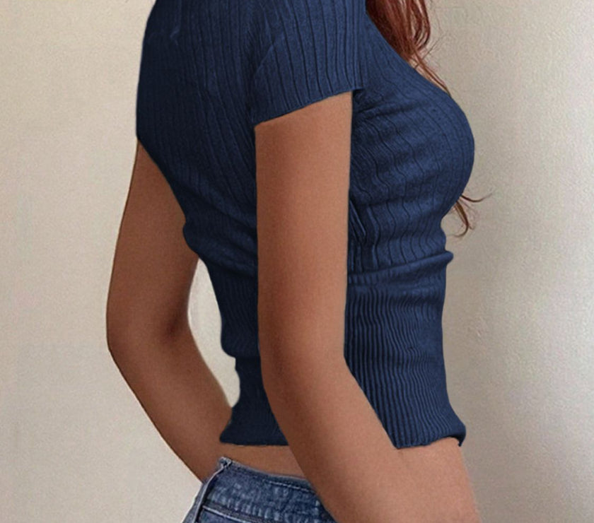 Half Button Scoop Neck Short Sleeve Knit Top