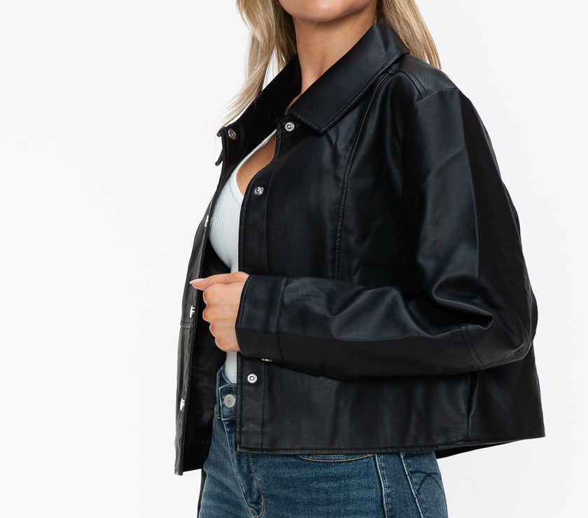 Snobbish Snap Down Long Sleeve PU Leather Jacket