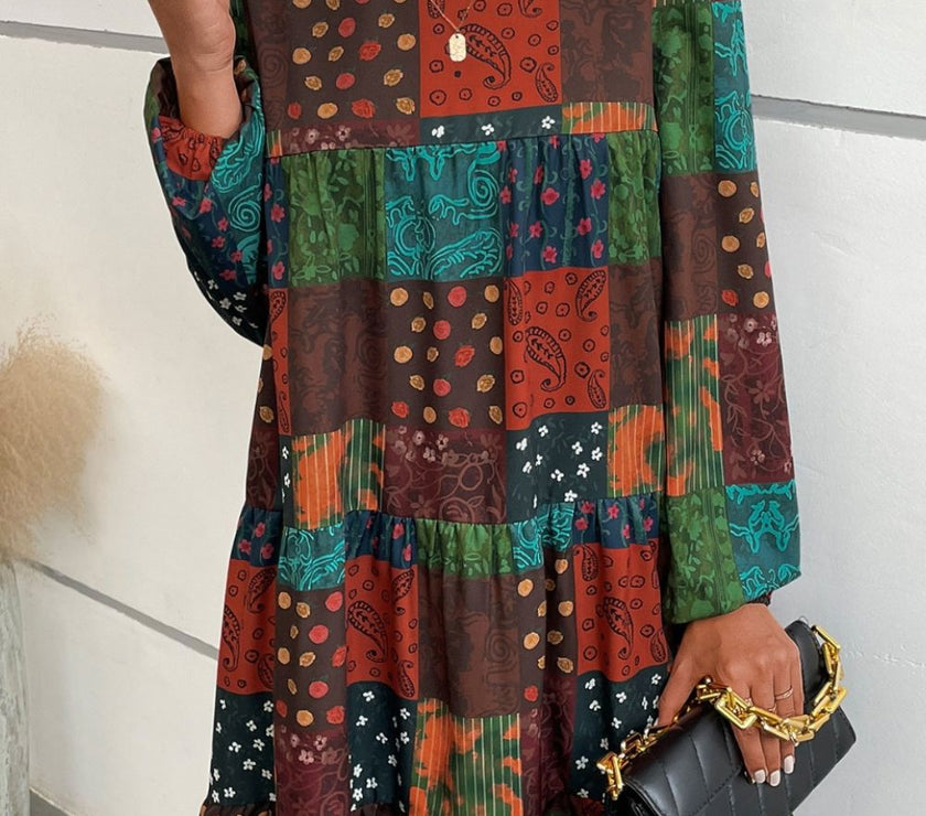 Printed Balloon Sleeve Tiered Dress