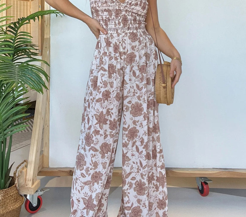 Full Size Printed Spaghetti Strap Wide Leg Jumpsuit