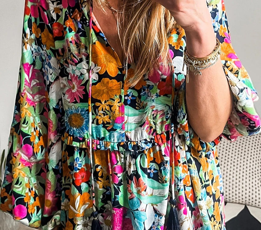 Floral Tie Neck Balloon Sleeve Blouse